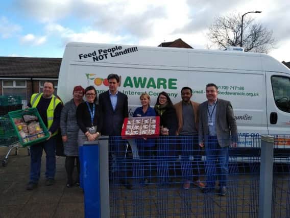 Pictured left to right are Mark Dockerty, Food AWARE Projects Co-ordinator, Julie Magee, Mexborough Family Hub Manager, Leanne Atkinson, Mexborough Family Hub worker, Ed Miliband MP, Mo Wigfield, Mexborough Family Hub worker, Stephanie and Sotez from 'We Can Win' and Sean Gibbons, Mexborough Foodbank Manager