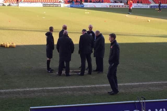 A hole has appeared in the Keepmoat pitch before the clash with Fleetwood Town