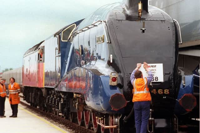 The Mallard  arriving at Doncaster's Railport  yesterday ready for the Railfest 98 weekend .. See story