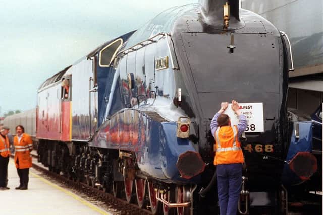 The Mallard arriving at Doncaster's Railport yesterday ready for the Railfest 98 weekend .. See story