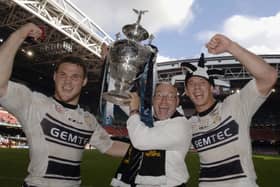 Richard Horne, right, celebrates winning the Challenge Cup with Hull FC in 2005.