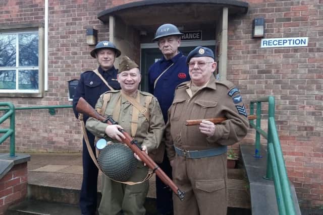 left to right: Doncaster Home Guard re-enactment group Mick Brand, 55, Chris Shaw, 62, Steve Green, 62, and Paul Grimley, 61