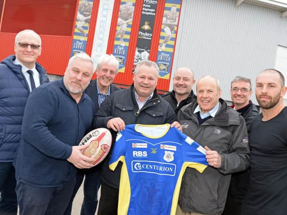 David Kessen, of the Doncaster Free Press, pictured with l-r Neil Turner, Craig Harrison, Ray Green, Carl Hall, Tony Miller, Stewart Piper and Luke Gale. Picture: Marie Caley NDFP Rugby MC 1