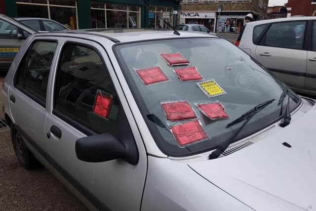 The car covered in tickets in Doncaster town centre.