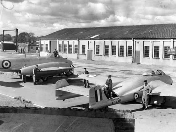 A Meteor, left, and Vampire at RAF Norton in 1955.