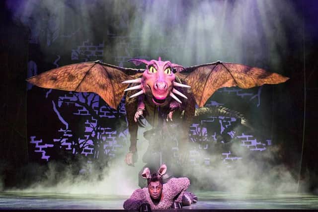 Marcus Ayton as Donkey, does battle with the Dragon.