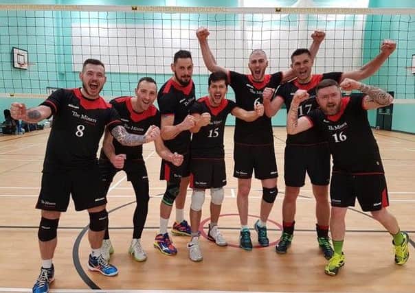 The Miners Doncaster Volleyball Club celebrate winning Division Three North.