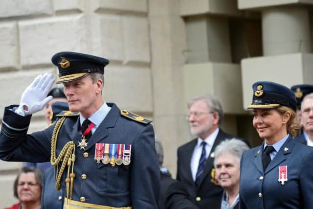 Air Marshall Julian Young CB OBE, on behalf of the Chief of Air Staff and Caroline Vorderman, Honorary Group Captain on the steps of the Mansion House. Picture: Marie Caley