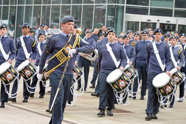 The RAF 100th anniversary parade assembles at Sir Nigel Gresley Square, as they prepare to march through Doncater Town Centre. The Air Cadets national marching band, pictured. Picture: Marie Caley