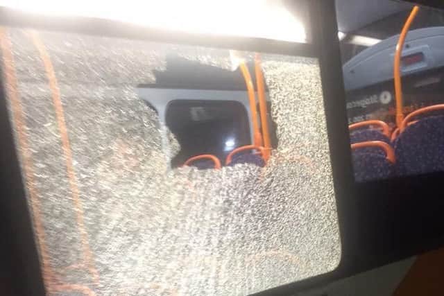A window was shattered on the Stagecoach bus.