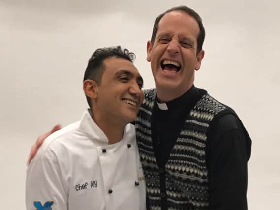 Aly Mahoud with Mrs Brown co-star Conor Moloney. (Photo: Twitter/ChefAlyCatering).