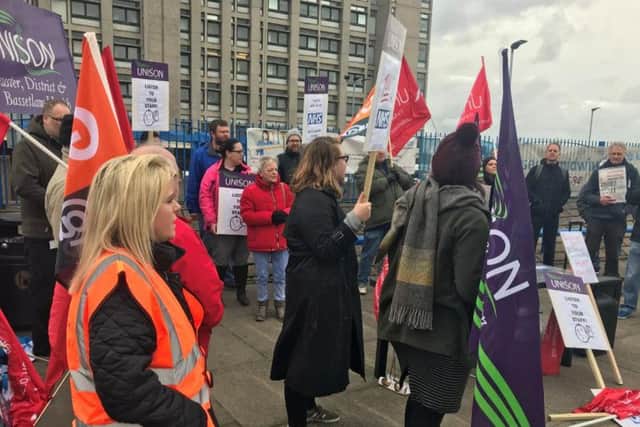 GMB union protests at Doncaster Royal Infirmary against fears jobs could be outsourced.