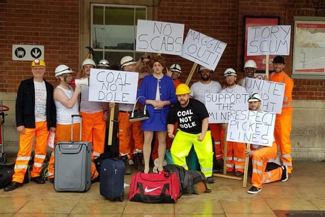Groom Aaron Beach as Margaret Thatcher meets up with a group of miners outside Doncaster railway station. (Photo: Wayne Ryalls).