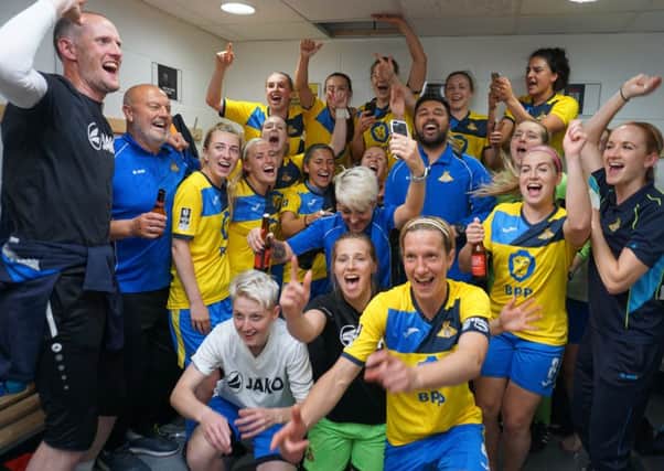 Doncaster Rovers Belles celebrate winning the 2018 FAWSL2 title.