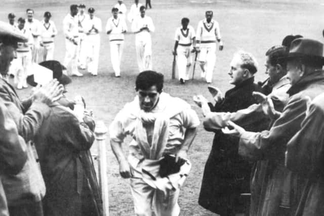Freddie Trueman's Book of Cricket
Pelham Books 1964
Copyright Freddie Trueman
The traditional honour for a first class performance, leading the players in after taking 8 Indian wickets for 31 at Manchester 1952.
