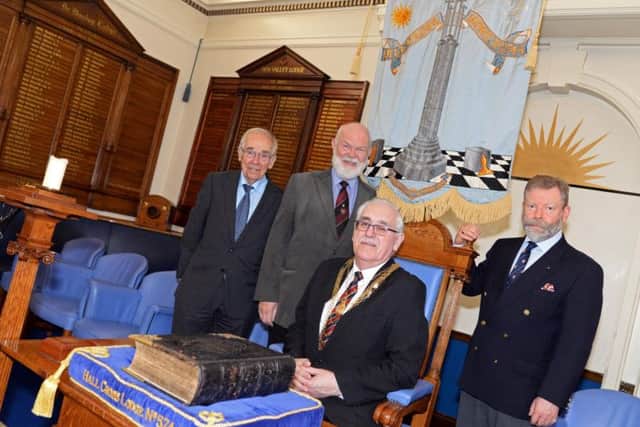 Civic Mayor, Councillor George Derx, pictured visiting the Doncaster Masonic Lodge with L-r Peter Brindley, Grand Lodge Officer, Stuart Grantham, Deputy Provincial Grand Master Yorkshire West Riding and Ian Smith, Past Master of Dancastre Lodge. Picture: Marie Caley NDFP Freemasons MC 1